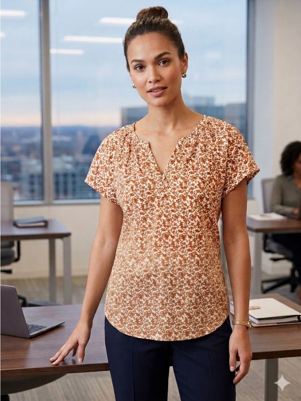 LOFT Rust Floral Notch-Neck Short-Sleeve Blouse Size M NWT